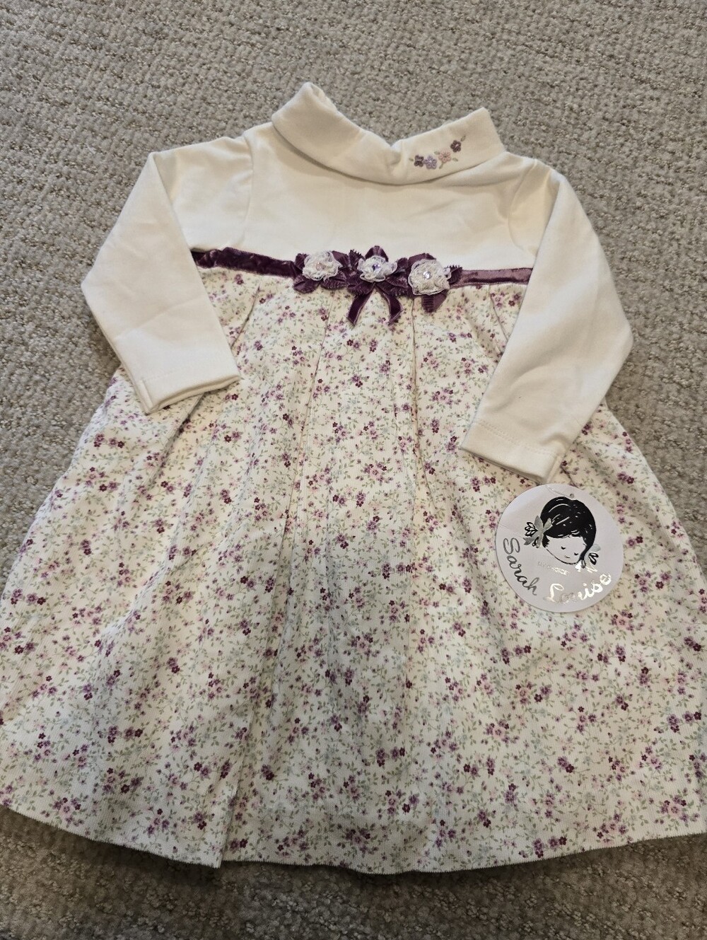 Sarah Louise Cream & Purple Floral Long-Sleeve Girls Dress